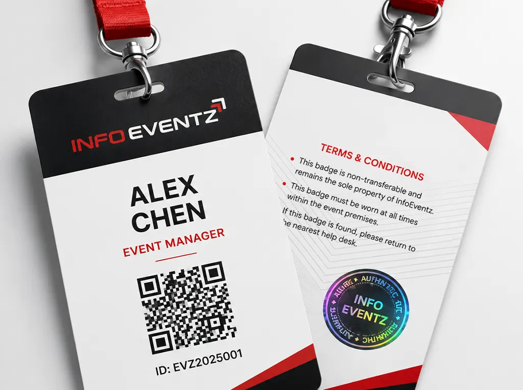 InfoEventz ID badge with QR code