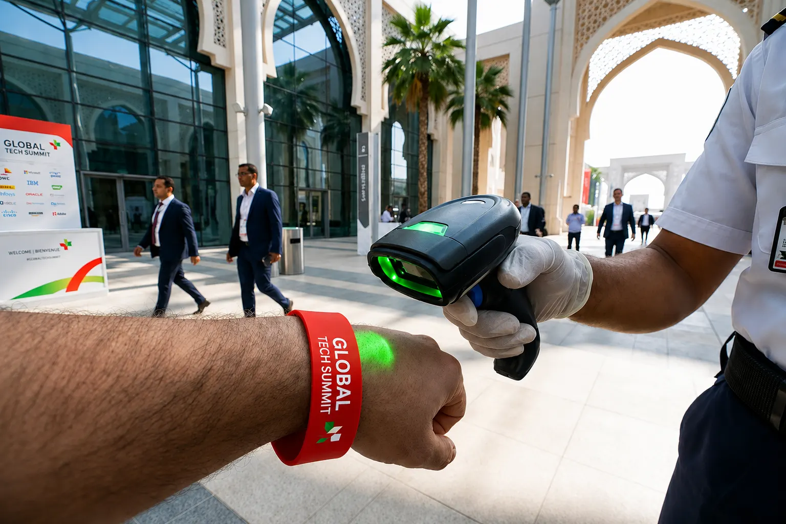 Security officer scanning a branded InfoEventz wristband at an event